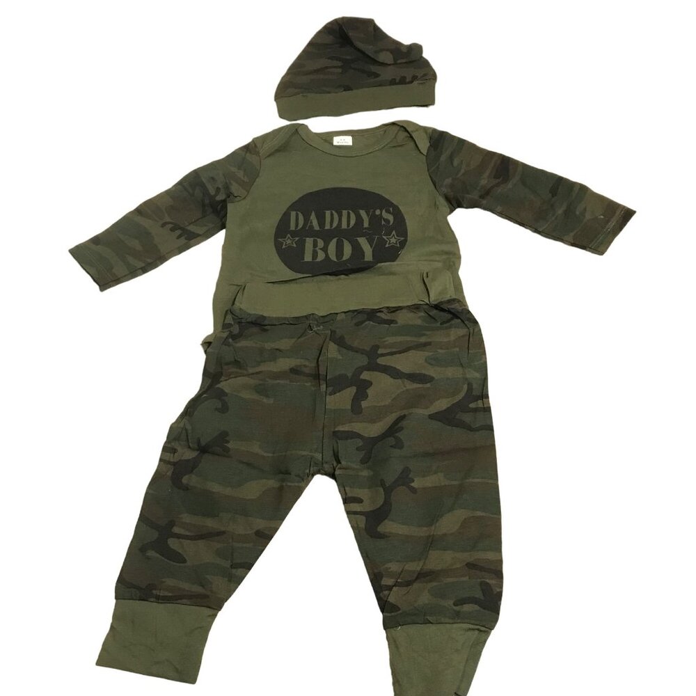 Daddys Boy Baby Boys Camo Set With Hat 3-6 Months Long Sleeve Army Green